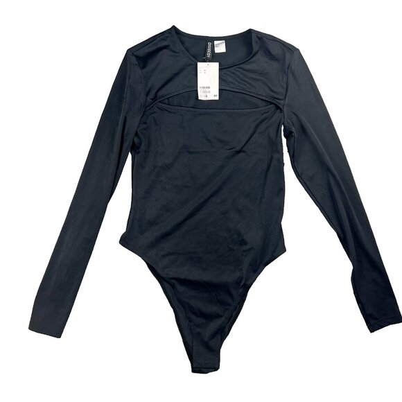 Divided Tops - H&M Divided Womens Medium Bodysuit Compression Blouse Black Long Sleeves Contour